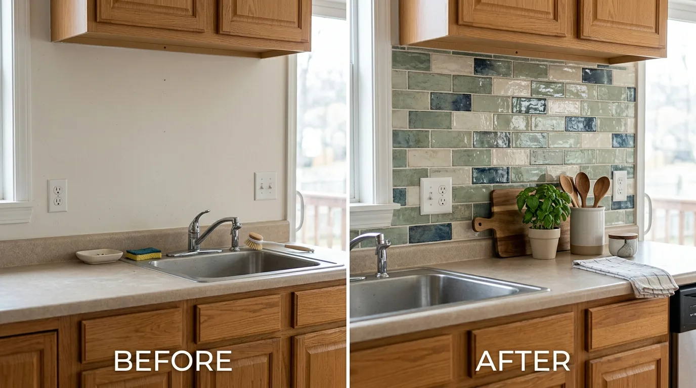 Before and after DIY kitchen backsplash transformation